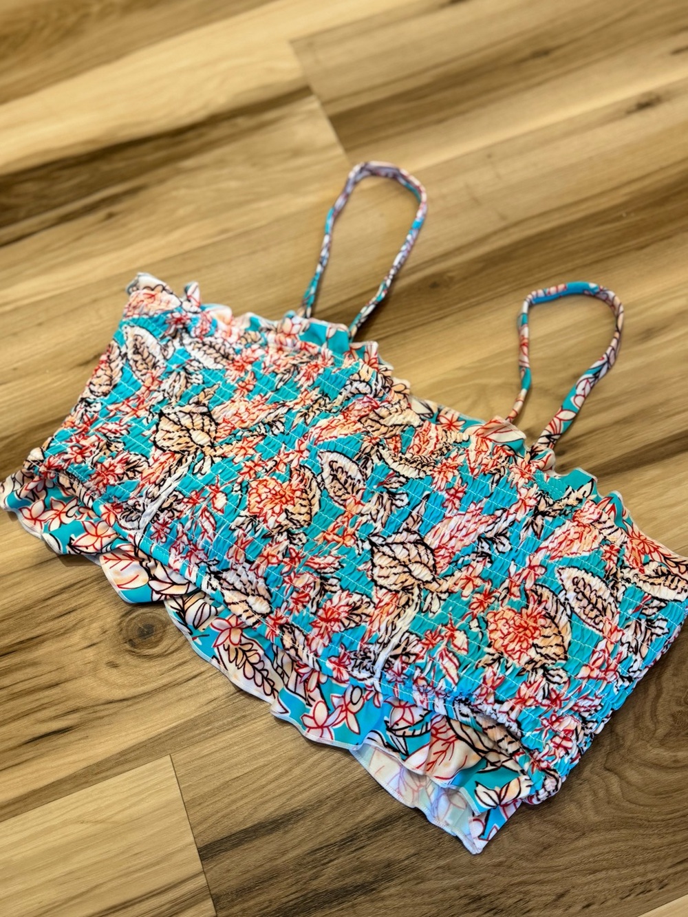 Women’s Ruffle Turquoise Floral Smocked Bikini Top XL